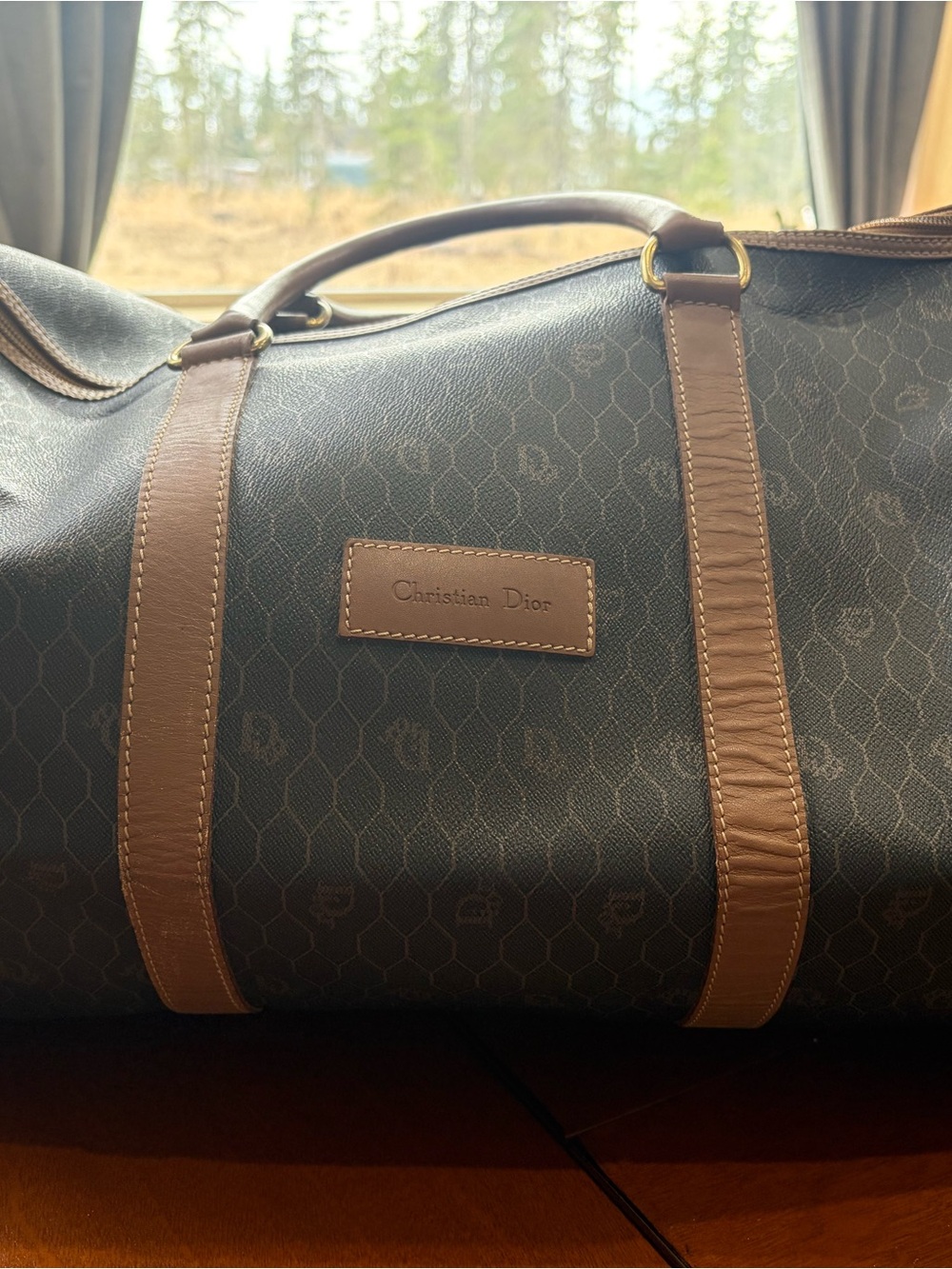 Dior Brown Leather-Trim Logo Leather Duffel Bag